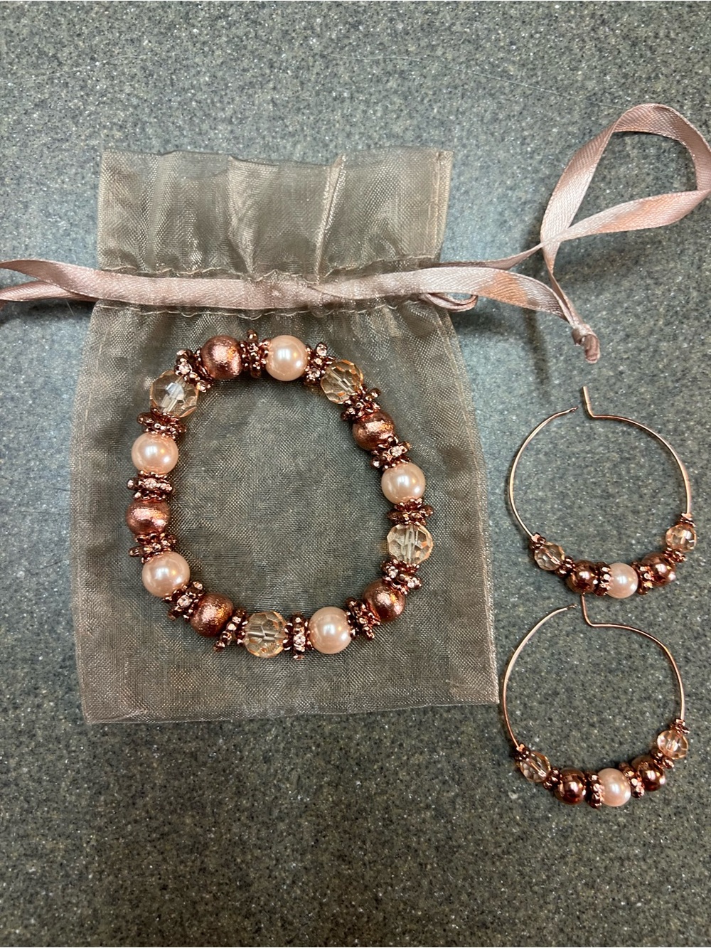 Rose Gold & Pearl Beaded Bracelet + Hoop Earrings Set